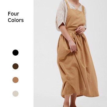 Japanese Apron Pinafore Dress Fashion Korean Work Gown Apricot with Long Waist Tie for Women Kitchen Cooking Baking Robe TJ3648 1